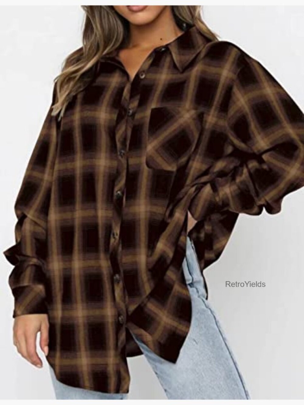 Oversized Flannel Button Down Shirt Blouse Top Long Sleeve Plaid - Picture 2 of 4